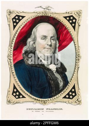 Benjamin Franklin (1706-1790), écrivain, scientifique, inventeur, et homme d'état. L'un des Pères fondateurs des États-Unis, portrait imprimé à la main par Currier & Ives, 1847 Banque D'Images
