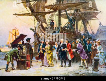 Benjamin Franklin, de retour à Philadelphie, 1785, impression lithographique de Jean Leon Gerome Ferris, vers 1932 Banque D'Images