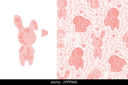 Ensemble vectoriel de doux sans coutures et carte avec lapins et fleurs roses décorés. Texture de pépinière et carte postale avec des lapins d'art populaire. Puérile Illustration de Vecteur