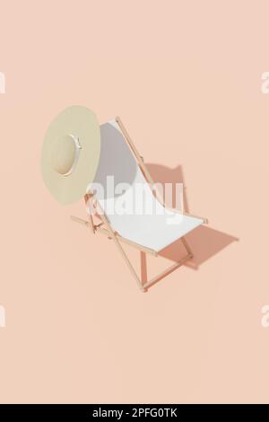Chaise de plage avec chapeau d'été sur fond rose pastel, rendu 3D. Illustration chaise longue, concept de vacances d'été, saison des fêtes Banque D'Images