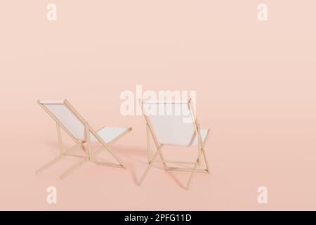 Deux chaises de plage sur fond rose pastel, 3D images. Illustration des chaises longues, concept de vacances d'été, saison des vacances Banque D'Images