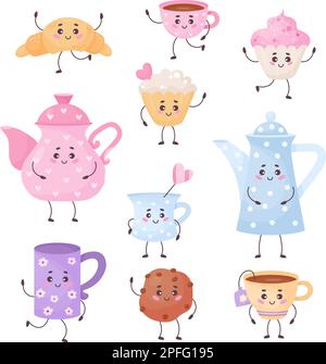 Les personnages de dessin animé sont mignons : théière, tasses, biscuits, croissant et muffin. Illustration vectorielle. Collection de desserts et d'ustensiles amusants avec des pattes Illustration de Vecteur