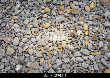 Ensemble de pierres arrondies de différentes tailles et dans des tons gris sur une plage. Banque D'Images