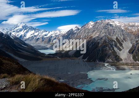 Mueller glacier lac vue panoramique avec des montagnes enneigées en arrière-plan, Aoraki Mount Cook parc national nouvelle-zélande Banque D'Images