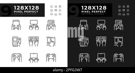 Mains utilisant des gadgets pixel Perfect icônes linéaires ensemble pour le mode sombre, clair Illustration de Vecteur