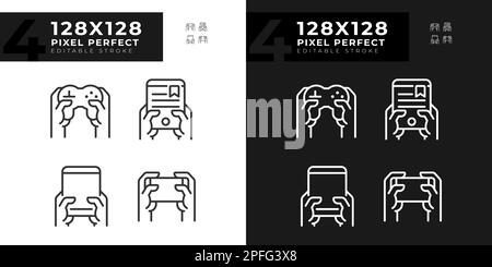 Les mains avec des gadgets amusants pixel Perfect icônes linéaires ensemble pour le mode sombre, clair Illustration de Vecteur