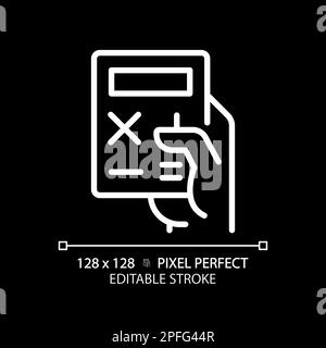 Main avec calculatrice pixel icône linéaire blanche parfaite pour thème sombre Illustration de Vecteur