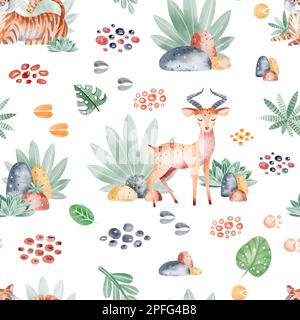 Animaux d'Afrique sans couture avec feuilles tropicales. Motif aquarelle sans couture. Design d'emballage, affiche, tissus, papier numérique, sublimation. Banque D'Images