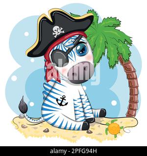 Un joli pirate de zèbre dans un chapeau tricorne avec une étiquette pour les yeux. Pirates et trésors, îles et palmiers Illustration de Vecteur