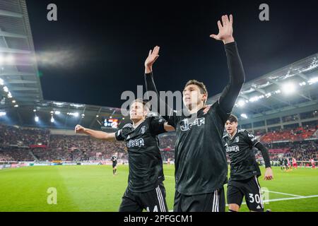 Fribourg, Allemagne. 16th mars 2023. Federico Chiesa (Juventus FC) célèbre son but lors de l'UEFA Europa League, Round de 16, match de football à 2nd jambes entre SC Freiburg et Juventus FC sur 16 mars 2023 au stade Europa-Park de Fribourg, Allemagne - photo Morgese-Rossini/DPPI crédit: DPPI Media/Alamy Live News Banque D'Images