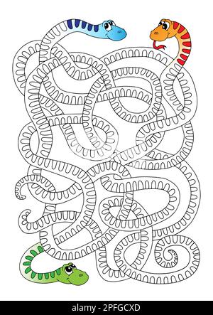 Jeu de labyrinthe pour les enfants, serpents entremêlés amusants Illustration de Vecteur