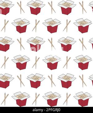 Motif vectoriel sans couture de dessin à la main nouilles wok chinoises colorées isolées sur fond blanc Illustration de Vecteur