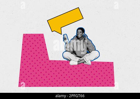 Jeune Funky élégant femme assis peint dessin rose mobilier chat smartphone lire des commentaires social blog conceptuel collage Banque D'Images