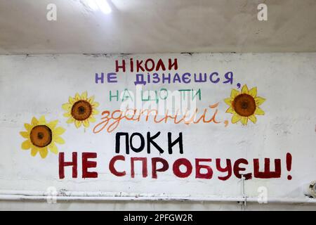 Non exclusif: CHYHYRYN, UKRAINE - 15 MARS 2023 - Une phrase de motivation (vous ne saurez jamais ce que vous êtes capable jusqu'à ce que vous essayez!) est visible sur le Banque D'Images