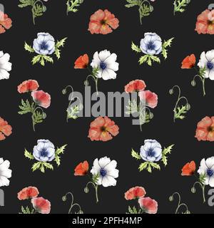 Motif coquelicot sans coutures sur fond noir. Motif aquarelle avec fleurs de pavot sauvage rouge et d'anémone. Illustration estivale brillante dessinée à la main. Banque D'Images