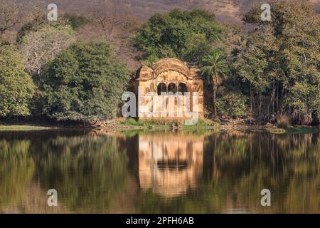 Paysage de palais avec lac, eau en face du fort à la Padma Talao. Parc national de Ranthambore, Rajasthan, Inde Banque D'Images