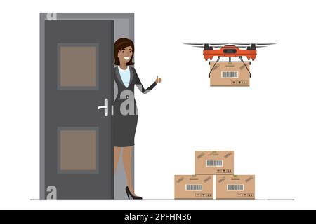 Caricature africaine américaine femme près de porte et livraison de drone avec boîte. Pile de boîtes à colis. Isolé sur fond blanc. Contexte du concept de livraison. Illustration de Vecteur