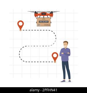 Concept de livraison de drone. Dessin animé Quadcopter avec cargaison, itinéraire sur la carte et homme d'attente. Caractère masculin décontracté et transport de fure.Modern technolog Illustration de Vecteur