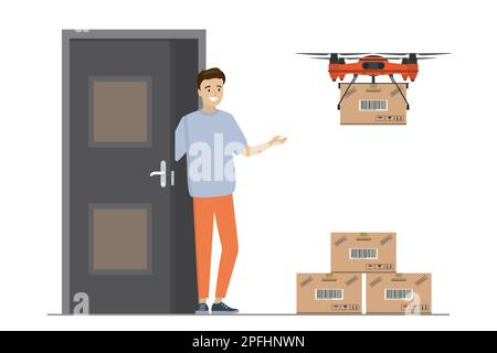 Caricature homme caucasien près de la porte et livraison de drone avec boîte. Pile de boîtes à colis. Isolé sur fond blanc. Contexte du concept de livraison. vec plat Illustration de Vecteur