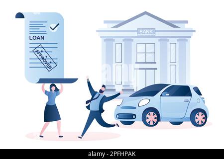 Couple heureux avec prêt de voiture approuvé et nouvelle automobile moderne. Bâtiment de la banque et accord de crédit avec le timbre approuvé. Personnages masculins et féminins dans la mode Illustration de Vecteur