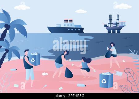 Les pétroliers et les plates-formes pétrolières polluent l'océan. Concept de problèmes écologiques. Contexte de la pollution mondiale. Des bénévoles nettoient les ordures sur la plage. Homme Illustration de Vecteur