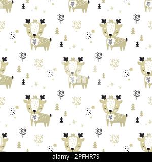 Motif sans couture avec adorable cerf en forme de doodle. Texture arrière-plan animaux sauvages dans le style scandinave. Affiche, modèle d'impression pour enfants. Illustration vectorielle Illustration de Vecteur