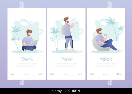 Beau travail masculin, Voyage et se détendre. Ensemble de trois modèles d'affiches pour l'application mobile. Indépendant mâle dans différentes scènes. Plage tropicale avec palmiers Illustration de Vecteur