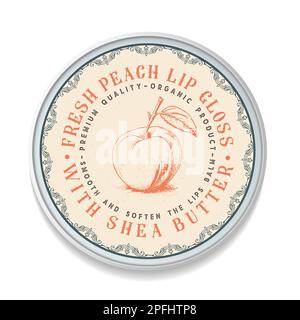 Peach Lips Balm Vintage étiquette emballage design, forme ronde. Idéal pour les emballages, les étiquettes, les autocollants, etc Parfait pour votre entreprise. Style simple. Plat Illustration de Vecteur