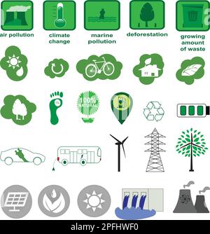 Ensemble de vingt-six icônes de l'environnement, de l'énergie durable, de l'écologie et du recyclage Illustration de Vecteur