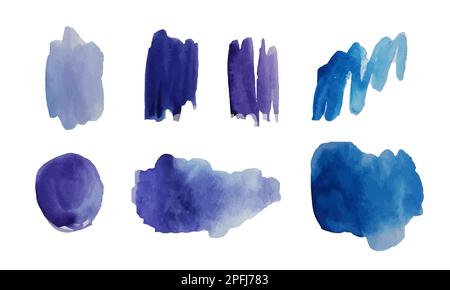 Jeu de taches d'aquarelle. Taches bleues sur fond blanc. Texture aquarelle avec traits de pinceau. Vecteur. Isolé. Illustration de Vecteur