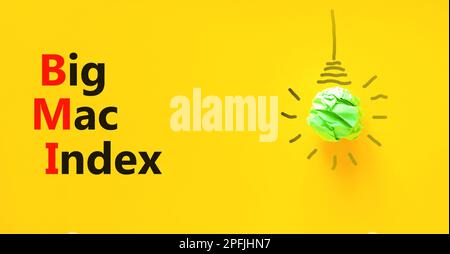 BMI gros symbole d'index mac. Concept mots BMI Big mac index sur papier jaune sur un beau fond jaune. Icône d'ampoule verte. Business et BMI bi Banque D'Images