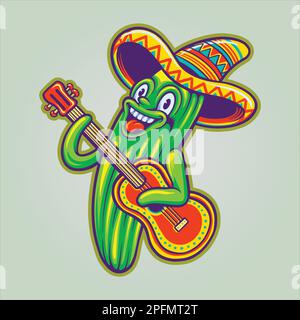 Guitare cactus mexicaine sombrero chapeau cinco de mayo dessins animés illustrations vecteur pour votre travail logo, t-shirt, autocollants et étiquettes Illustration de Vecteur