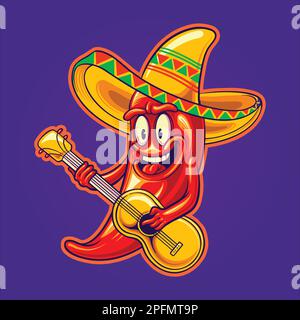 Mignon piment Sombrero chapeau guitare mexicaine logo cinco de mayo illustrations vectorielles pour votre travail logo, t-shirt, Illustration de Vecteur