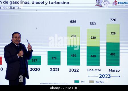 Mexico, Mexique. 16th mars 2023. Le directeur de Petroleos Mexicanos, Octavio Romero à la conférence de presse du président du Mexique, Andres Manuel Lopez Obrador devant les journalistes au Palais National de Mexico. Sur 16 mars 2023 à Mexico, Mexique (photo par Luis Barron/Groupe Eyepix/Sipa USA) crédit: SIPA USA/Alay Live News Banque D'Images