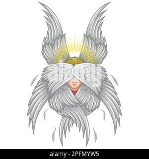 Dessin vectoriel de séraphe avec six ailes, visage angélique de la religion catholique, archange avec halo et plumes Illustration de Vecteur