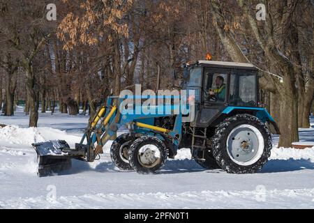 KRONSHTADT, RUSSIE - 13 MARS 2023 : le tracteur MTZ-82,1 « Belarus » nettoie les chemins du parc de la ville de la neige lors d'une journée ensoleillée de mars Banque D'Images