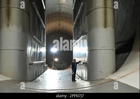 Modane Avrieux, France. 17th mars 2023. Illustration et vue des souffleries, y compris le plus grand tunnel aérodynamique sonique au monde pour les essais d'avions civils et militaires au centre d'Onera Modane-Avrieux, en France, sur 17 mars 2023. ONERA, une concentration d'installations d'essai unique au monde et un acteur clé dans l'aéronautique et la recherche spatiale, le laboratoire aérospatial français. Photo de Tomas Stevens/ABACAPRESS.COM crédit: Abaca Press/Alay Live News Banque D'Images