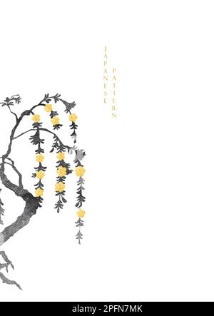 Arrière-plan japonais avec vecteur de texture doré et noir. Décoration d'arbre de tradition asiatique avec motif de fleurs dans un style vintage. Illustration de Vecteur