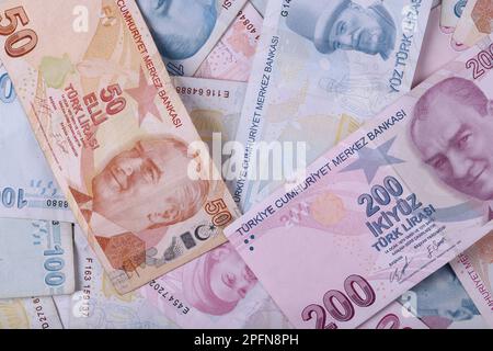 Billets turcs. ESSAYEZ ou TL. Chiffres macro shot.5,10,20,200 Lira turc Banque D'Images