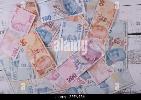 Billets turcs. ESSAYEZ ou TL. Chiffres macro shot.5,10,20,200 Lira turc Banque D'Images