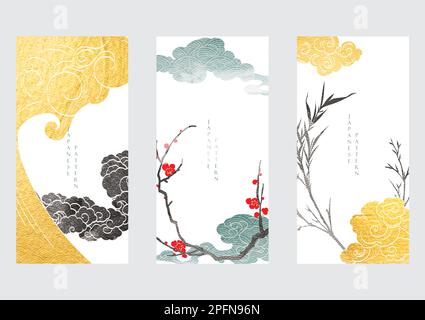Arrière-plan japonais avec vecteur de texture doré et noir. Fleurs de cerisier, bambou et décoration de nuages chinois dans un style vintage. Art paysage ic Illustration de Vecteur