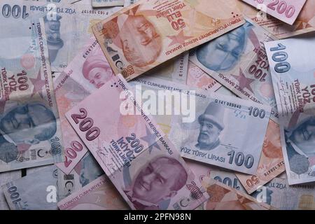 Billets turcs. ESSAYEZ ou TL. Chiffres macro shot.5,10,20,200 Lira turc Banque D'Images