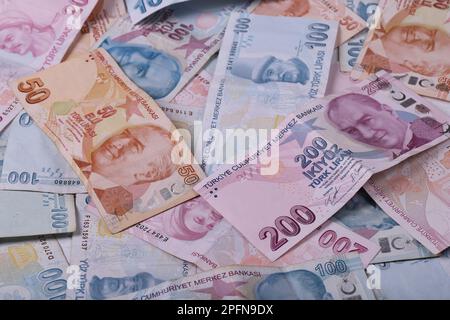 Billets turcs. ESSAYEZ ou TL. Chiffres macro shot.5,10,20,200 Lira turc Banque D'Images