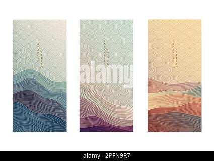 Arrière-plan japonais avec vecteur de motif d'onde linéaire. Carte d'invitation artistique abstraite avec motif géométrique. Objet montagne et océan dans le style. Illustration de Vecteur
