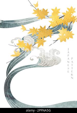 Arrière-plan japonais avec vecteur de texture aquarelle. Peinture de la décoration de pinceau avec des éléments de vague dessinés à la main dans le style vintage. Illustrationratio des feuilles d'érable Illustration de Vecteur