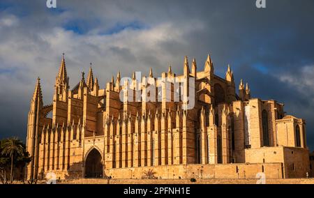 Lumière de tempête spectaculaire en fin d'après-midi sur la cathédrale de Santa Maria de Palma Majorque Banque D'Images
