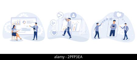 Concept de gestion de la réputation, présentation numérique, stratégie de relations publiques, marque personnelle, notoriété de la marque, réunion en ligne, campagne de marketing numérique, mise en place Illustration de Vecteur