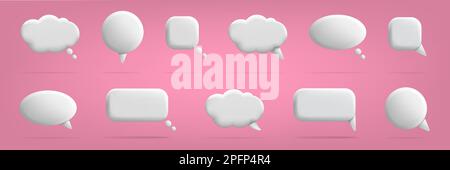 3d bulles vocales pour les messages de discussion avec espace de copie. Collection d'éléments de conversation, commentaires blancs, objets de dialogue, ballon rond et carré de communication. Ensemble d'icônes isolées de bannière vectorielle Illustration de Vecteur