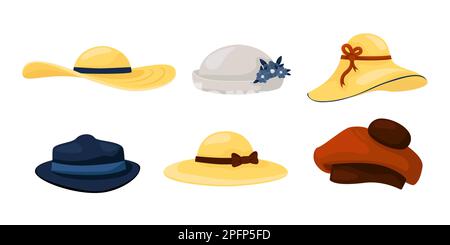 Chapeaux pour hommes et femmes. Vêtements de mode. Casquettes et panamas vintage. Collection classique de vêtements pour femmes et hommes. Accessoires d'été et d'automne. Adresse rétro. Jeu de coiffures isolées Vector Illustration de Vecteur