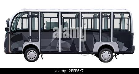 Un véhicule électrique moderne à utiliser comme bus de courtoisie ou navette dans un aéroport ou un campus, ou transport public, isolé sur Un fond blanc Banque D'Images